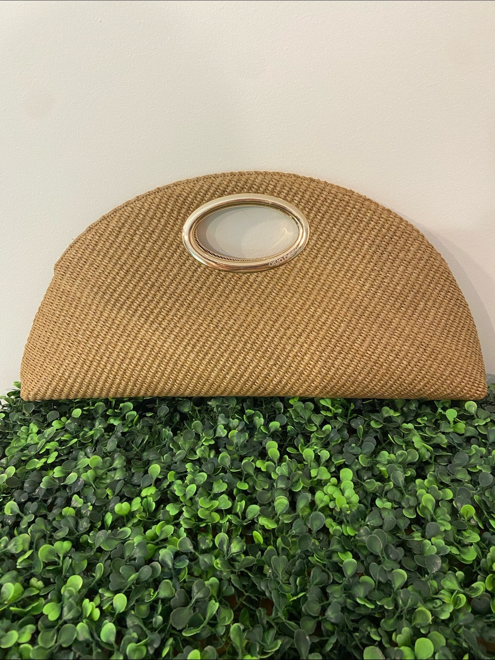 Olga Berg Tan Woven Half-Moon Clutch with Gold Oval Handle